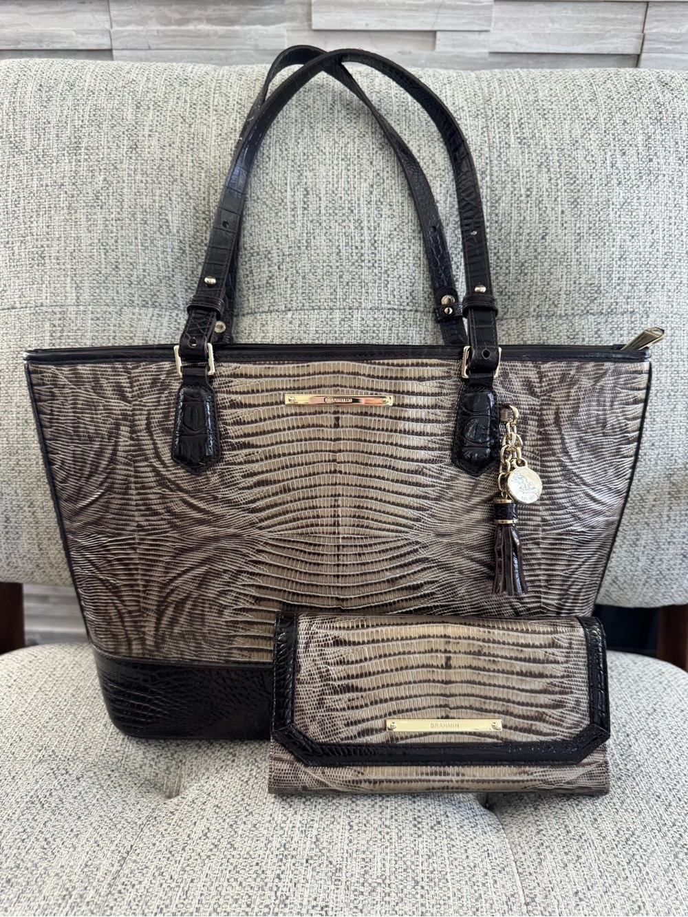 Brahmin Medium Asher Tote Purse Taupe with Wallet